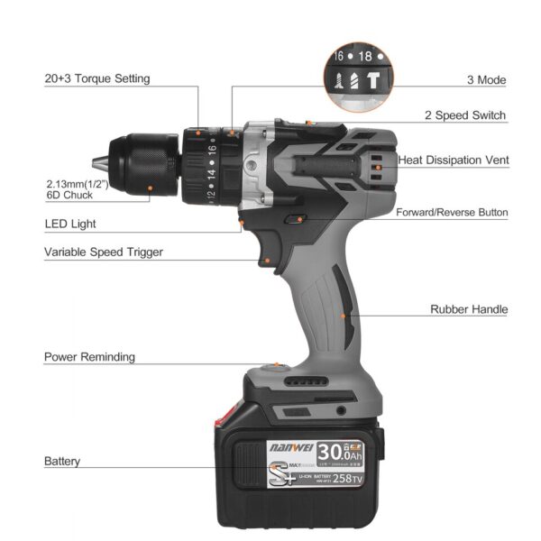 Cordless Electric Drill Driver with Hammer - Image 8